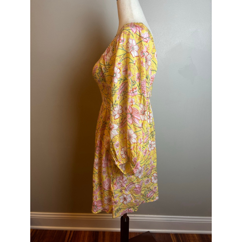 Billabong Mini Dress S Yellow Pink Floral Smocked NWT boho surf beach - Picture 5 of 8